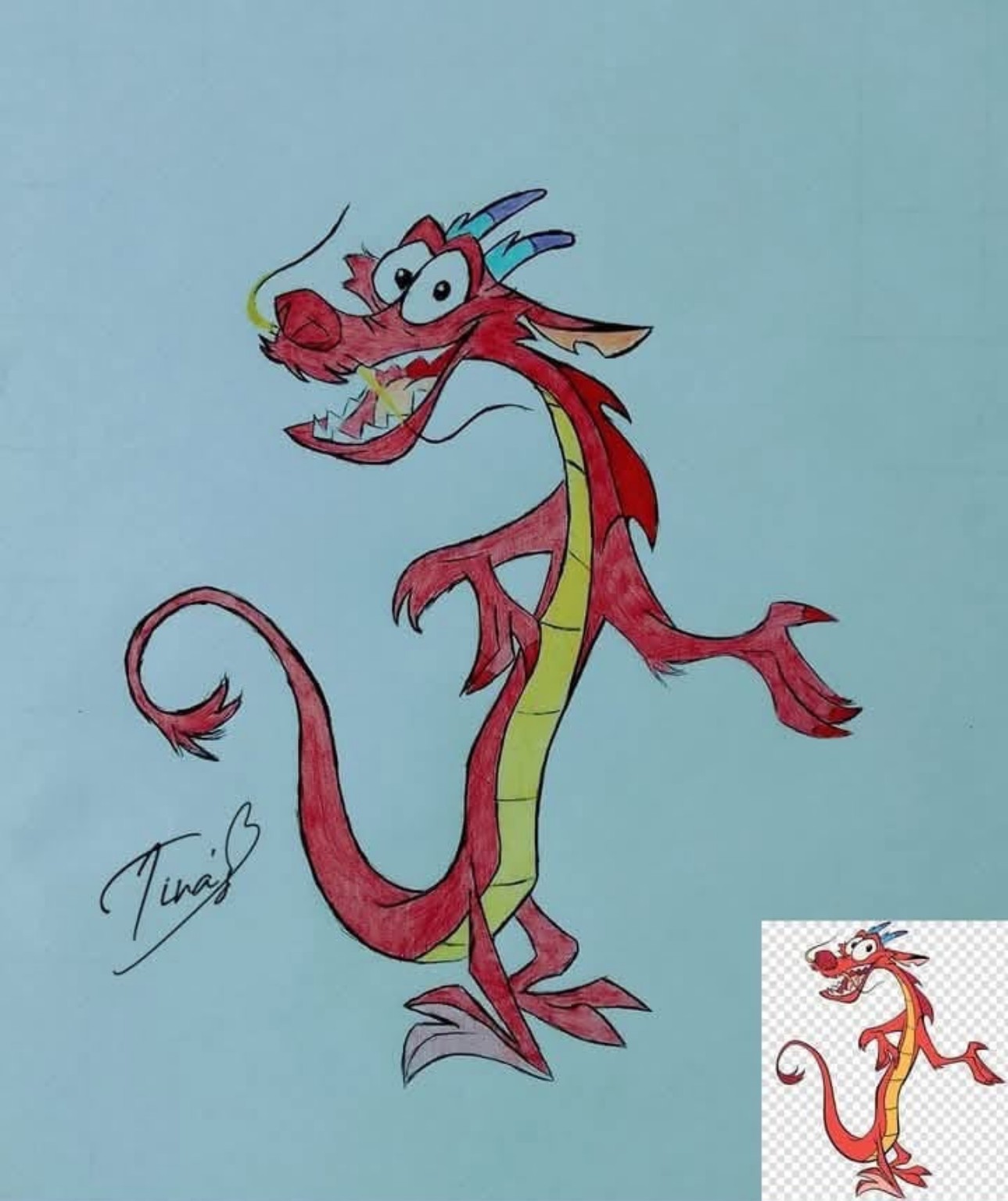 Drawing of a smiling cartoon dragon, signed by Tina’s Arts II, with a small reference image