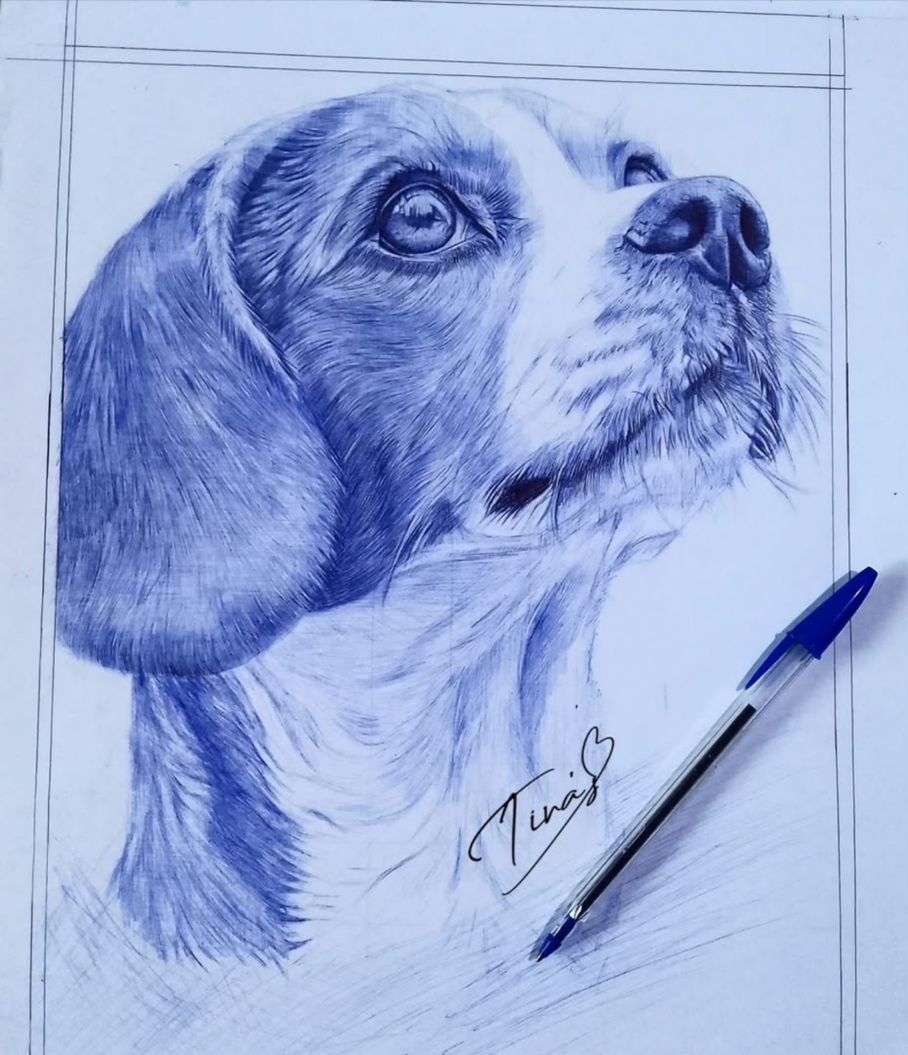 Tina’s Arts II ballpoint drawing of a dog looking upward, with a pen resting beside it