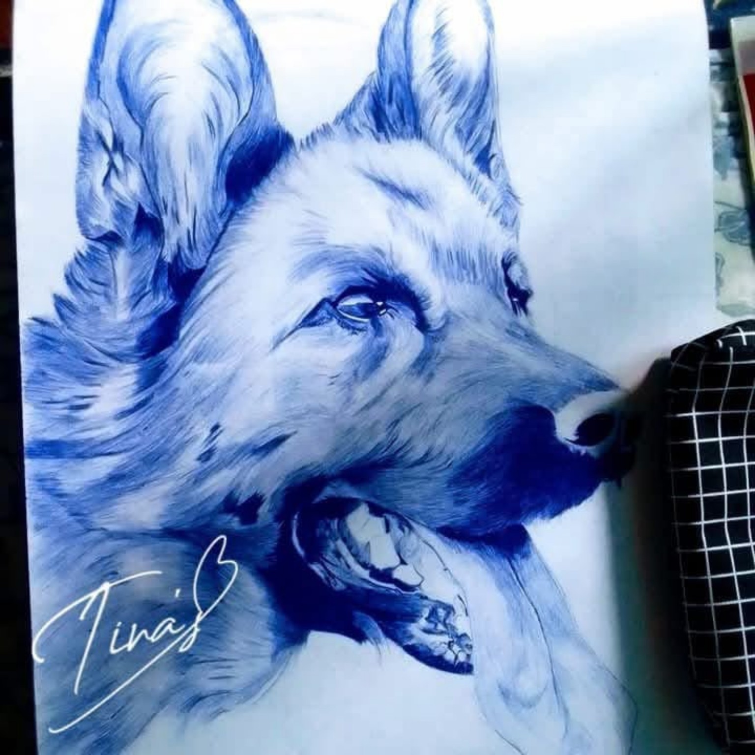 Ballpoint drawing of a German shepherd, signed by Tina’s Arts II