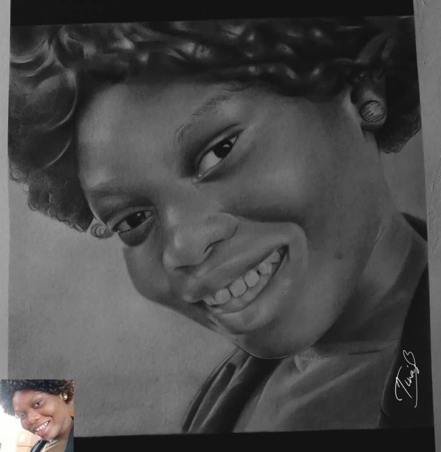 Tina’s Arts II drawing of a smiling woman, with the artist’s signature and reference photograph